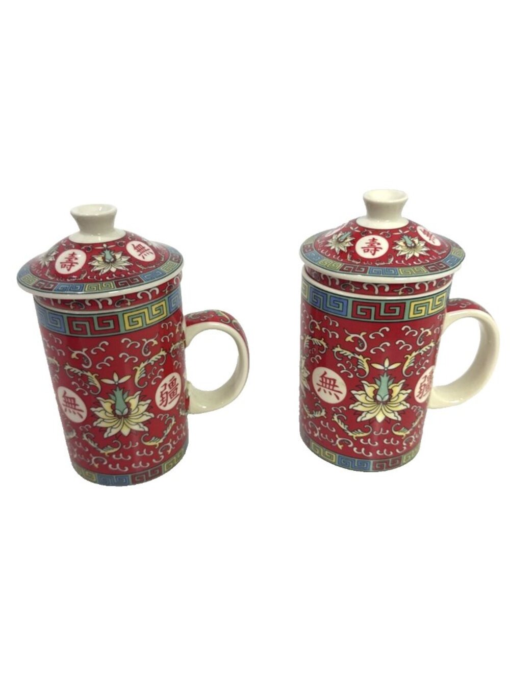 Set Of 2 - 3 Piece World Market Tea Cup Mug Infuser With Lid Porcelain Asian Red